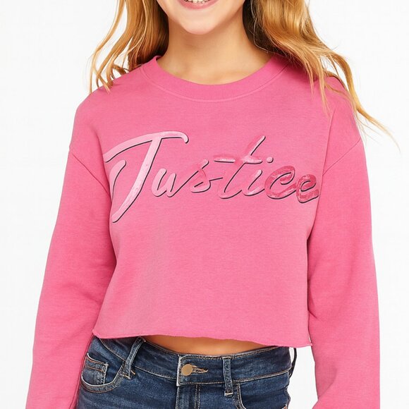 Justice Logo Cropped Sweatshirt Long Sleeve Pullover Vibrant Pink Medium - Picture 1 of 13